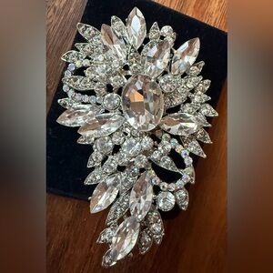 Large Silver Tone Clear Rhinestone Bridal AB Brooch